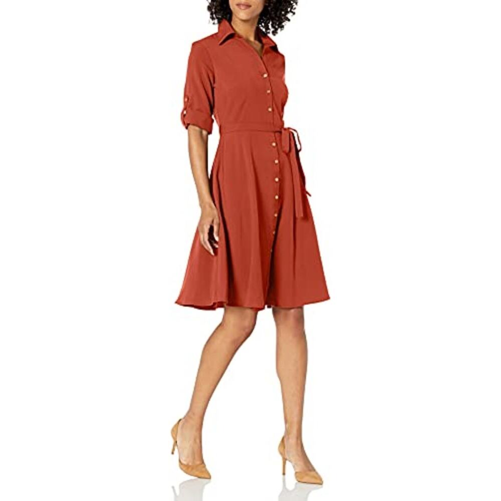 Sharagano Women's Button Front Pleated Shirt Casual Dress, Arabian Spice, 16 NWT